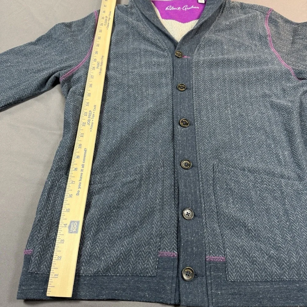 Robert Graham Cardigan Sweater Mens XL Blue Shawl Collar Herringbone Elbow Patch